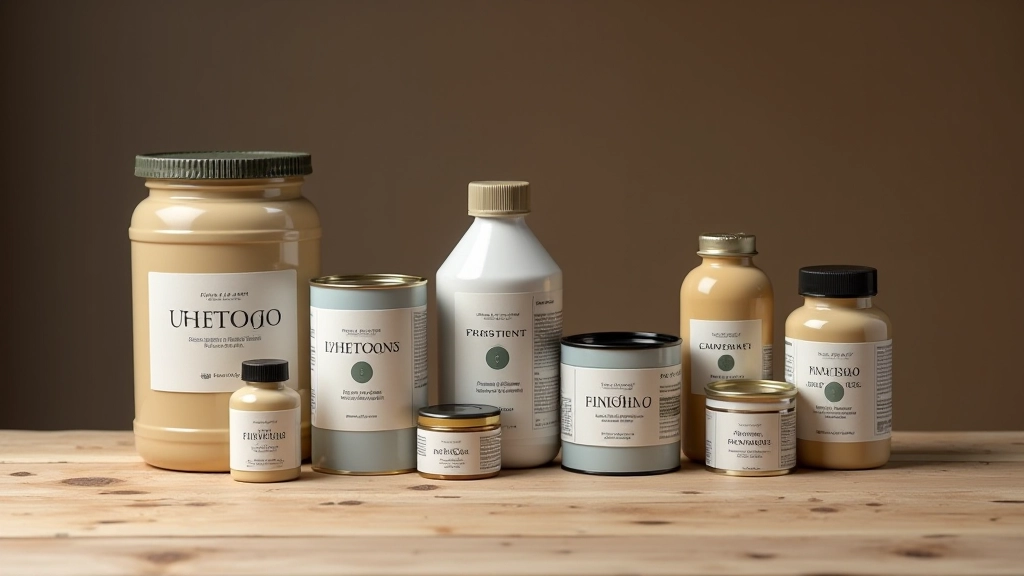 Various specialty wood finishing products and materials displayed on wooden surface