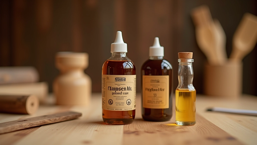 Danish oil and other finishing oils displayed in bottles with wood sample showing oil application