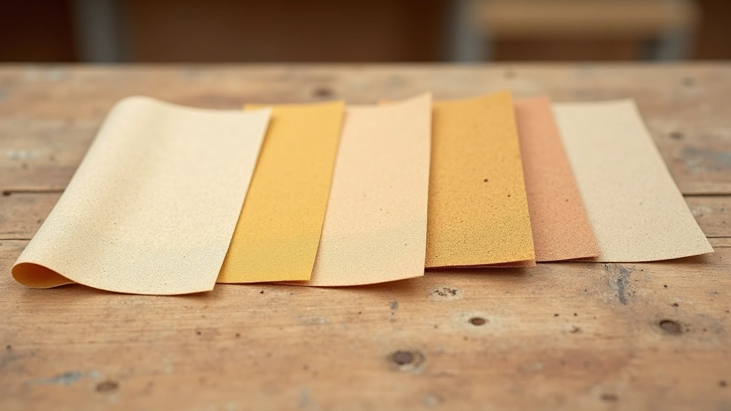 Progression of sandpaper grits displayed in order from coarse 60-grit to fine 220-grit on wooden surface