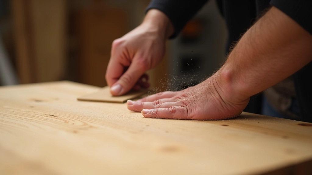 Hands sanding wooden furniture surface with sandpaper in a well-lit workshop