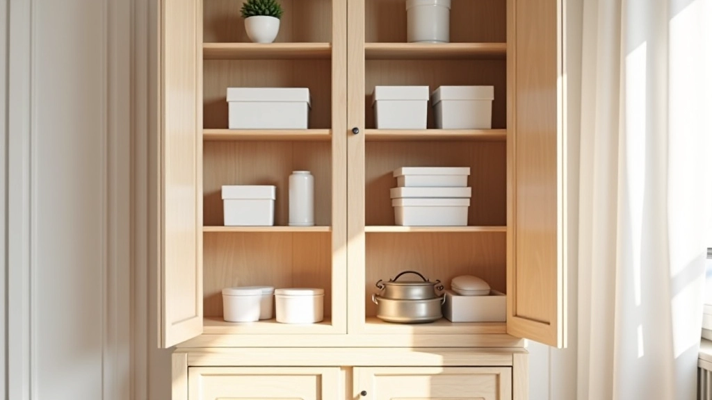 Interior of vintage wooden cabinet with white painted shelves and modern storage accessories arranged neatly