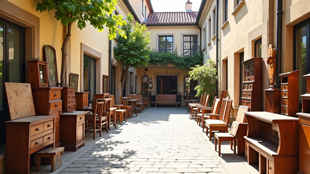 Kalnciema kvartāls artist district courtyard with vintage furniture displays and creative shops, historic building architecture