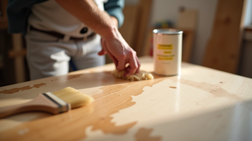Polyurethane finish being applied with roller on wooden surface showing protective coating