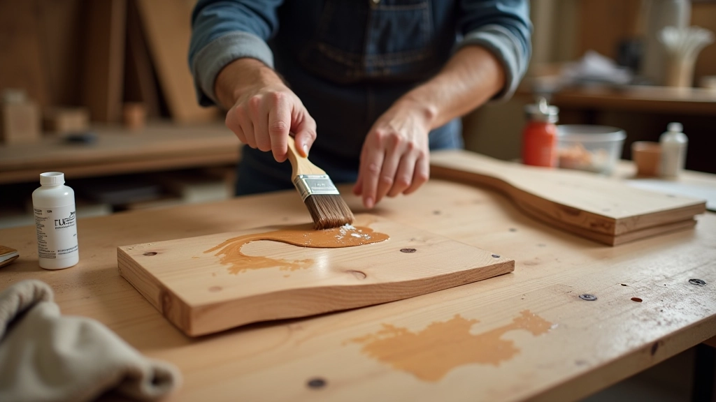 Wooden furniture showing stain application with brush in workshop setting with finishing products
